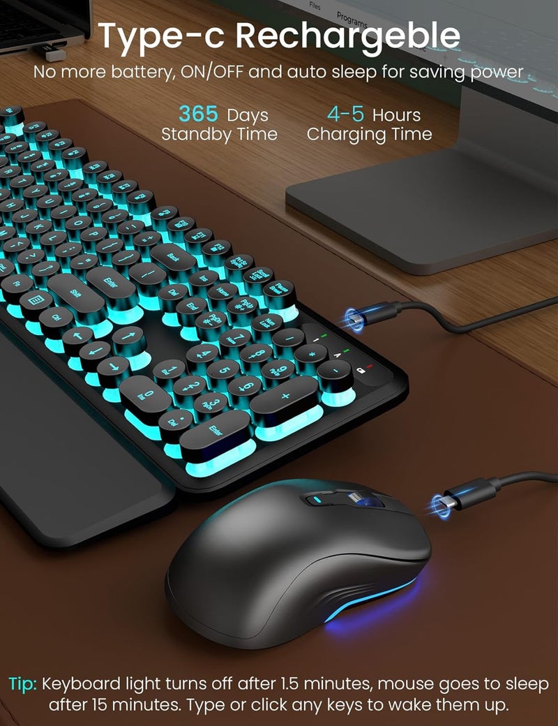 Trueque Wireless Keyboard and Mouse Backlit - Typewriter Keyboard with Magnetic Wrist Rest, Retro Round Keycaps, Light Up Letters, 2.4GHz Cordless Combo for Mac, Windows, PC, Laptop, [Upgraded] - Image 4